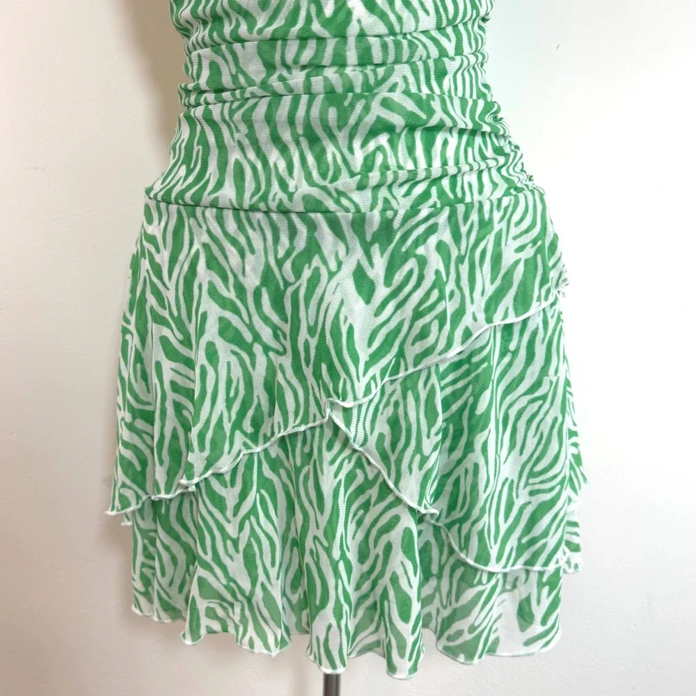 Diane von Furstenberg Target Mesh Ruched Mini Dress‎ Green Zebra Print Y2K XS